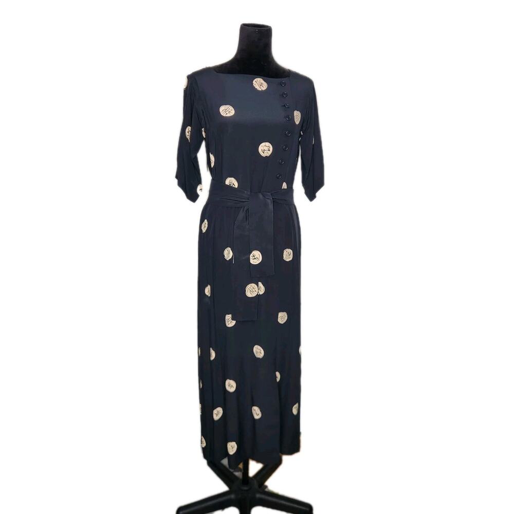 Lanvin Vintage 80s Black Silk Shift Belted Midi Dress Asian Inspired No Size Tag